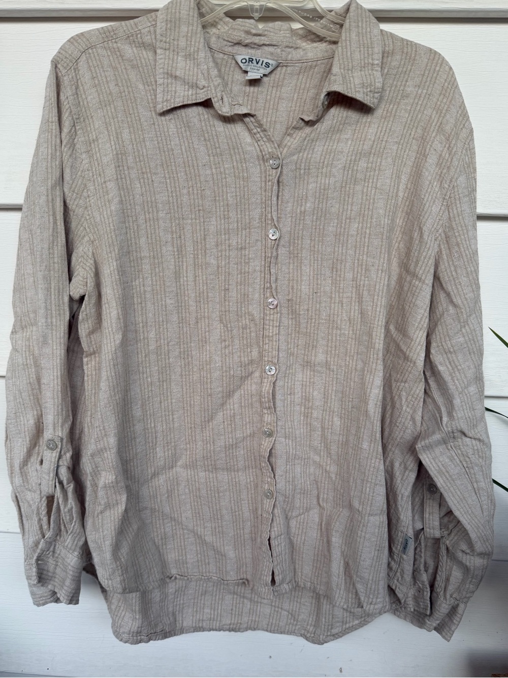 Orvis Linen Blend Button Down Shirt XL Taupe Striped Roll Tab Sleeve Lightweight